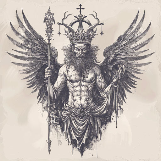 Elegant tattoo sketch of Lucifer with ornate crown and scepter