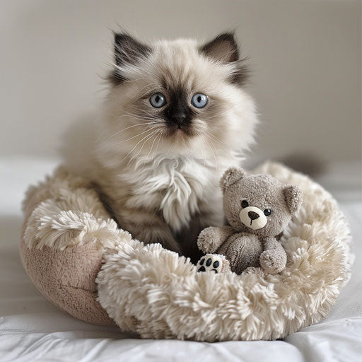 Himalayan kitten in a tiny bed with a soft toy bear