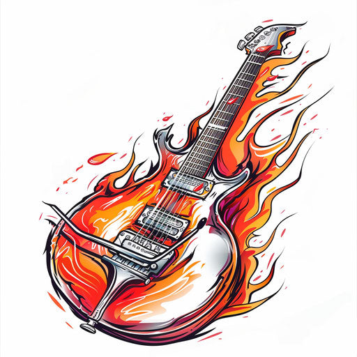 Dynamic sketch of a tattoo depicting a guitar with flaming strings in vibrant red and orange, clipart style