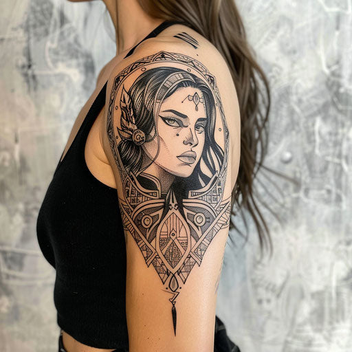 Arm tattoos for women in the style of David Palumbo featuring a fantasy warrior princess