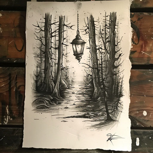 Flat tattoo sketch of a lantern casting a soft glow on a dark forest path