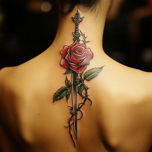 Rose neck tattoo in Ed Hardy style with rose intertwined with dagger