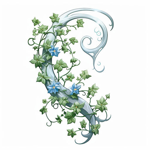 Ivy tattoo with blue moon and flowers, light green and silver style, cute innovative cartoon design