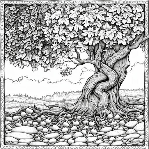 A whimsical scene of acorns dancing under a tree