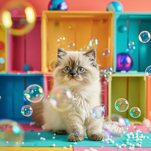 Himalayan kitten playing with bubbles in a colorful room