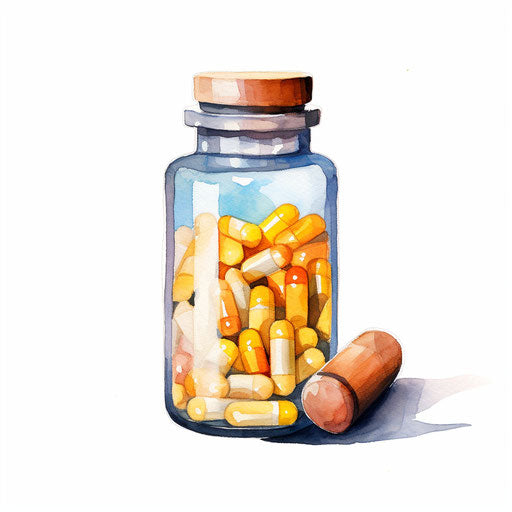 Pill bottle drawing in the style of Oil painting, on white backdrop
