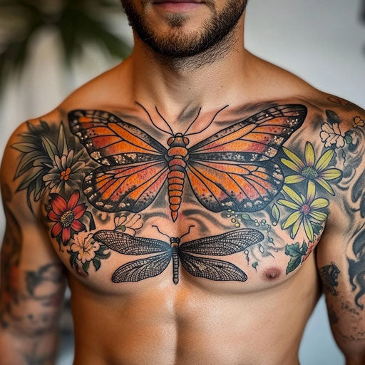 Butterfly tattoo on chest with a dragonfly companion