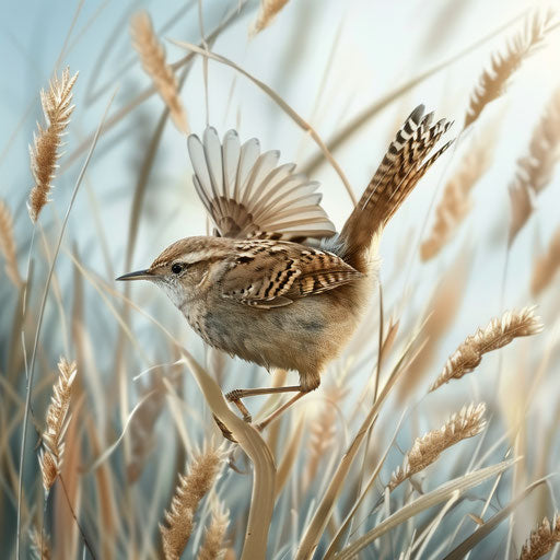Wren bird fluttering in tall grass of a meadow