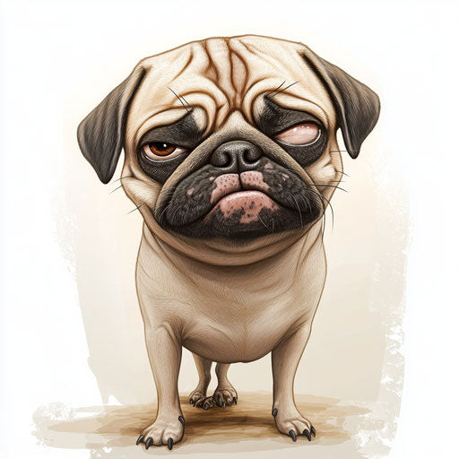 Humorous caricature of a pug with human characteristics