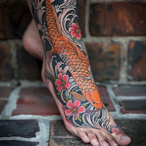 Foot tattoos in the style of Ami James featuring a traditional koi fish