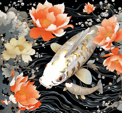Ink drawing of a koi fish in a water lily