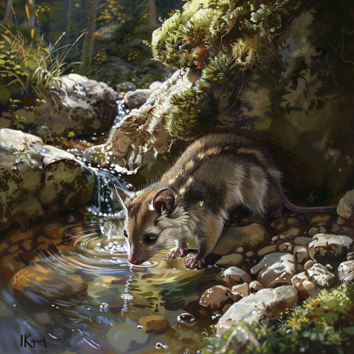 Tiny mountain creature drinking from crystal-clear stream