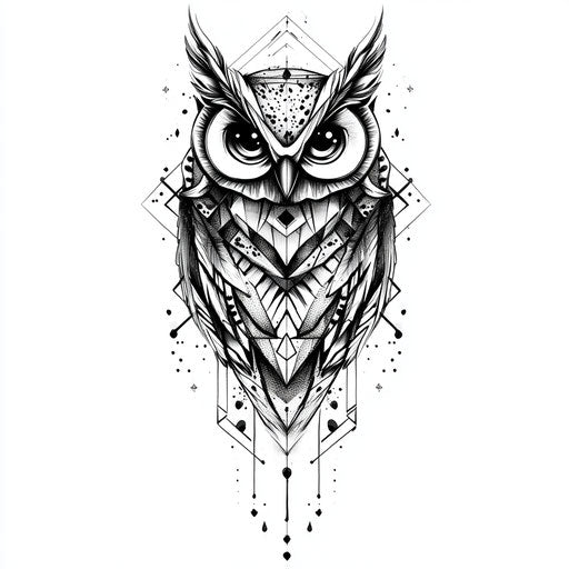 Stylized owl tattoo sketch with geometric patterns