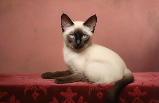 Siamese cat sitting on fur, light maroon and light beige style
