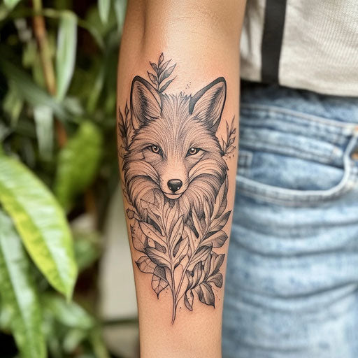 Inner forearm tattoo with a fox surrounded by leaves