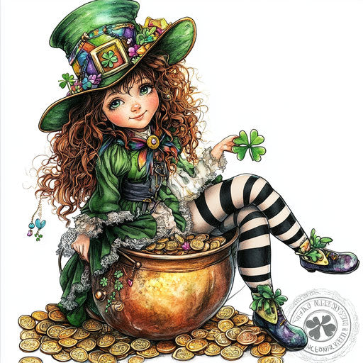 The cute girl with clovers and gold coins