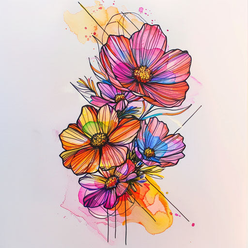 Modern flat tattoo of a cosmos flower cluster