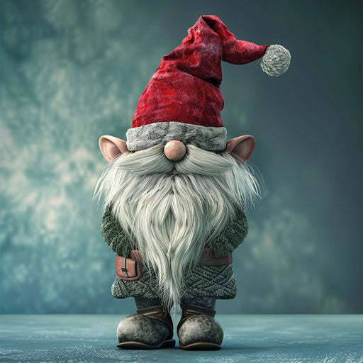 Christmas gnome clipart in photo realistic style with flat random background, metallic sheen and realistic textures