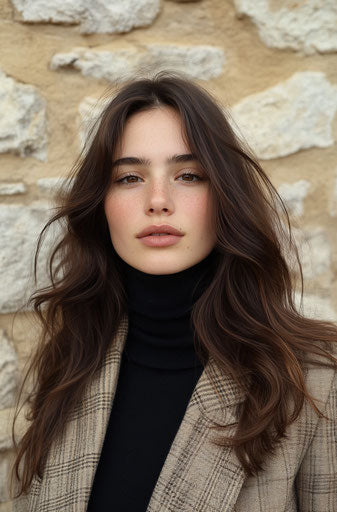 Beautiful young woman with brown hair posing in front of stone walls