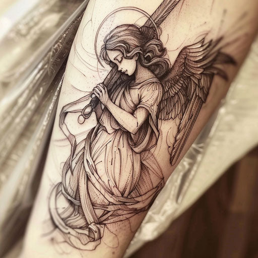 Guardian angel tattoo in fine line art on white canvas