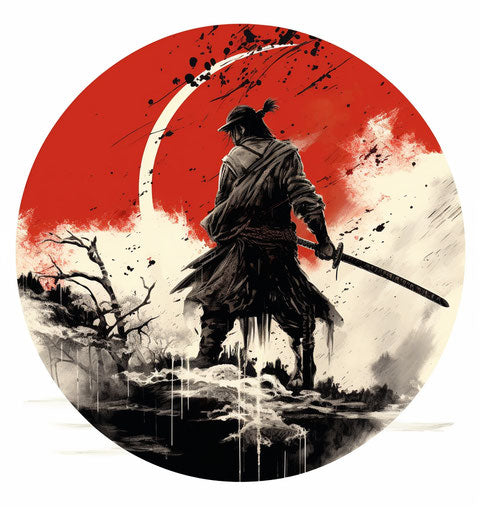 Samurai battle on red round, dark white and gray style