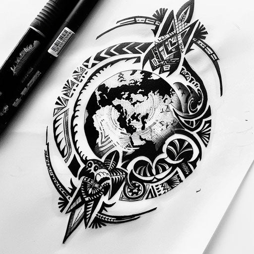 Polynesian tribal style flat tattoo sketch of Earth with traditional motifs and symbols
