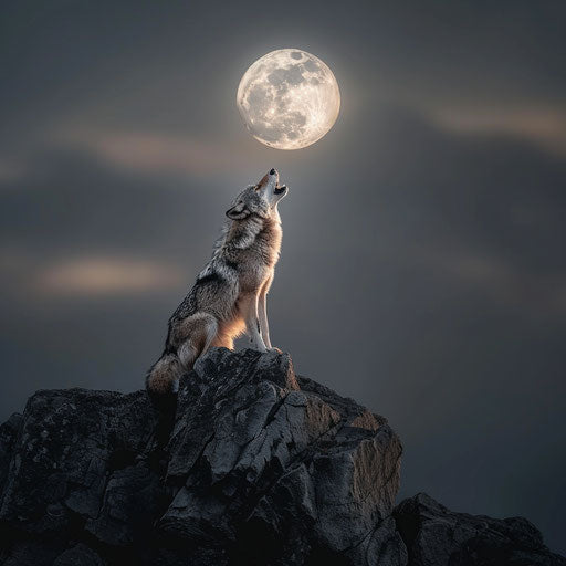 Solitary wolf howling at the full moon on a rocky outcrop