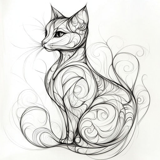 Drawing of an elegant cat tattoo design, fine-line style, detailed