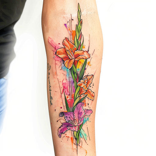 Expressionist-style gladiolus tattoo with dynamic brush strokes and vivid colors on a white background.