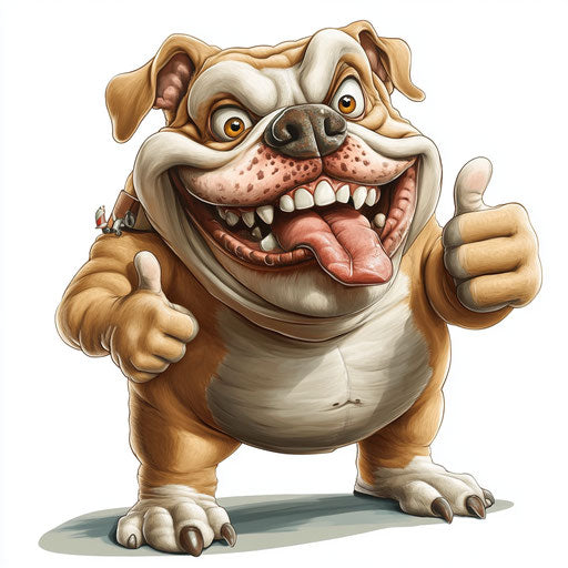 Humorous caricature of a bulldog with human characteristics