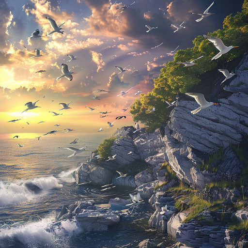 Migratory birds flying over a scenic coastline