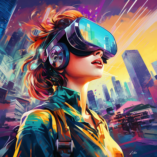 Young person with colorful hair and VR goggles in futuristic city
