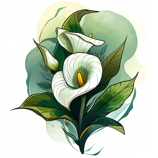 Tattoo sketch of a calla lily in a flat clipart style with an eco-green theme and natural motifs