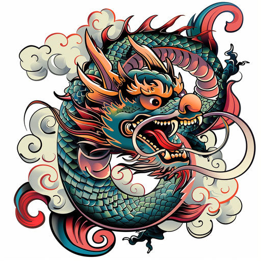 Vibrant tattoo of an oriental dragon in clipart style