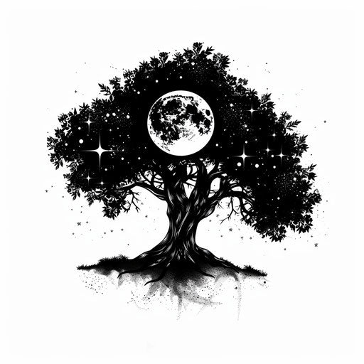 Moon and stars on tree tattoo silhouette design