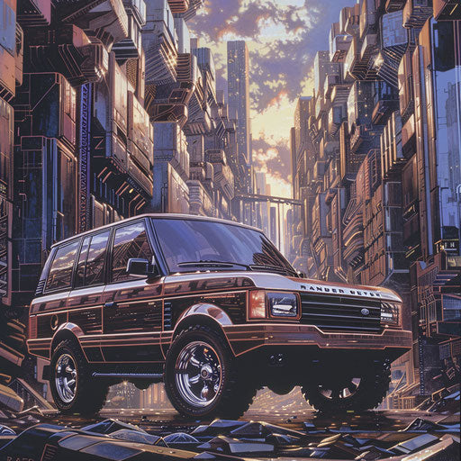 Retro-futuristic 1993 Range Rover in a utopian cityscape