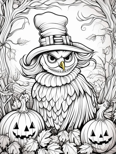 Printable scarecrow coloring page, joyful and optimistic style, birds-eye view, colorful and energetic, Halloween 3:4