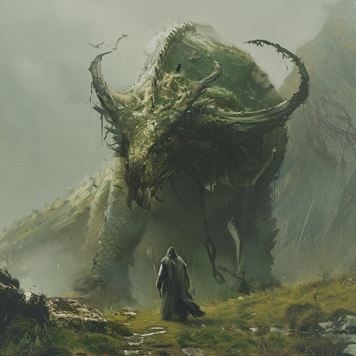 Mythical creature with a warrior, in the style of Peter Jackson