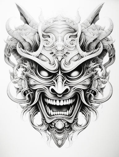 Japanese mask with ornament, black and white illustration