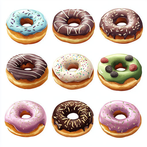 Realistic clipart of doughnuts, high resolution, isolated