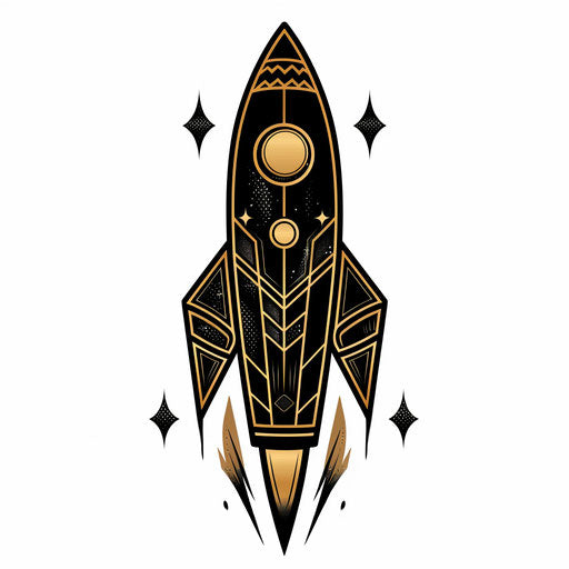 Stylized art deco rocket in black and metallic gold