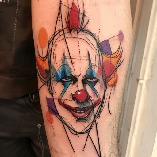 Abstract clown face with geometric shapes and vibrant neon colors