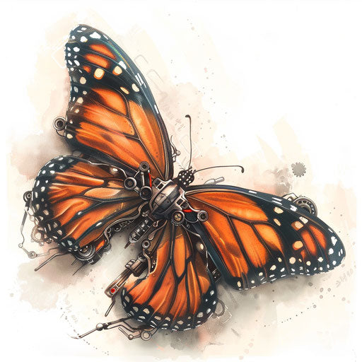 Biomechanical style monarch butterfly tattoo, merging organic and mechanical elements, on white