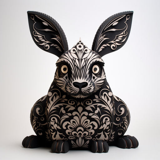 Black rabbit with floral pattern on white background