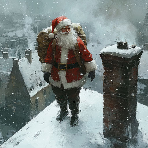 Santa sneaking on a snowy rooftop with his bag of gifts