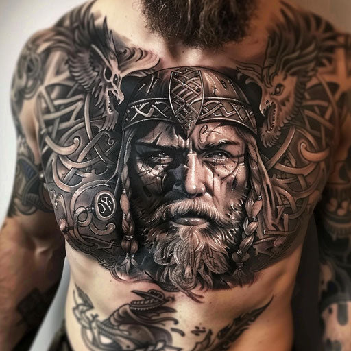 Stomach tattoos of a Viking warrior, Glenn Fabry style