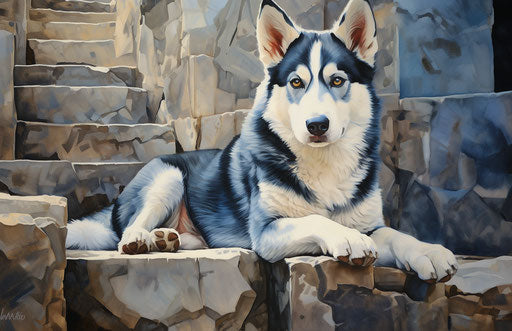 White and black Husky dog on steps, mixed pattern style