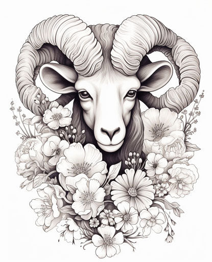 Intricately designed ram tattoo with florals, in commission style, feminine sticker art, simple 25:31