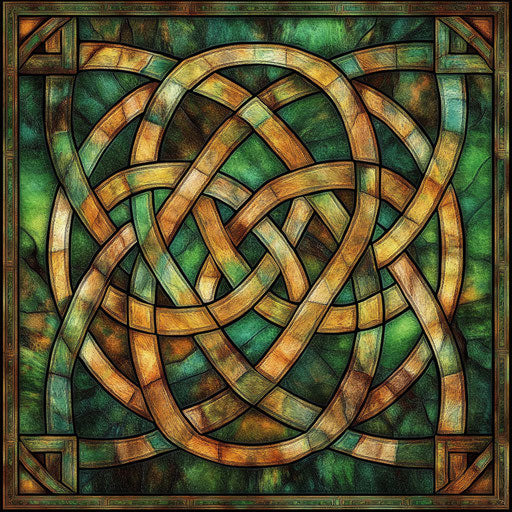 Intricate Celtic knot in green and brown - Stained Glass