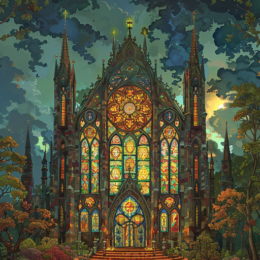 Gothic cathedral with stained glass, Sailor Jerry style